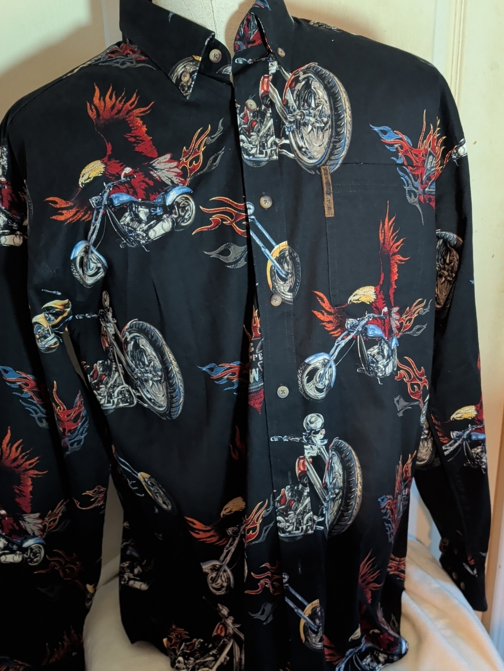 Men's Black Motorcycle Print Button-Down Shirt Jacket